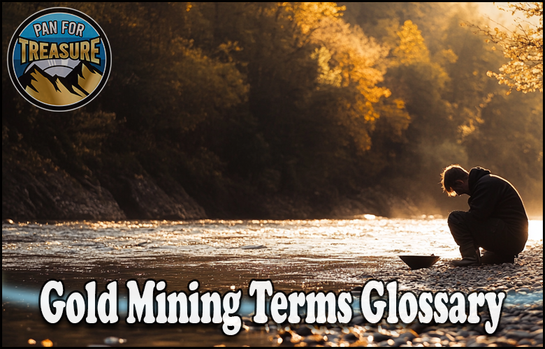 A person pans for gold by a river at sunset, with "Gold Mining Terms Glossary" featured and a "Pan for Treasure" logo in the corner, inviting you to discover essential gold mining terms.