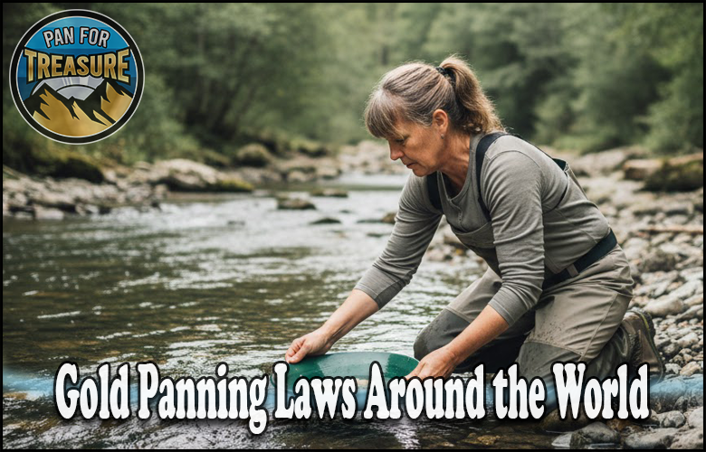 A woman gold panning in a river surrounded by trees, with the text "Gold Panning Laws Around the World" and a "Pan for Treasure" logo in the corner.