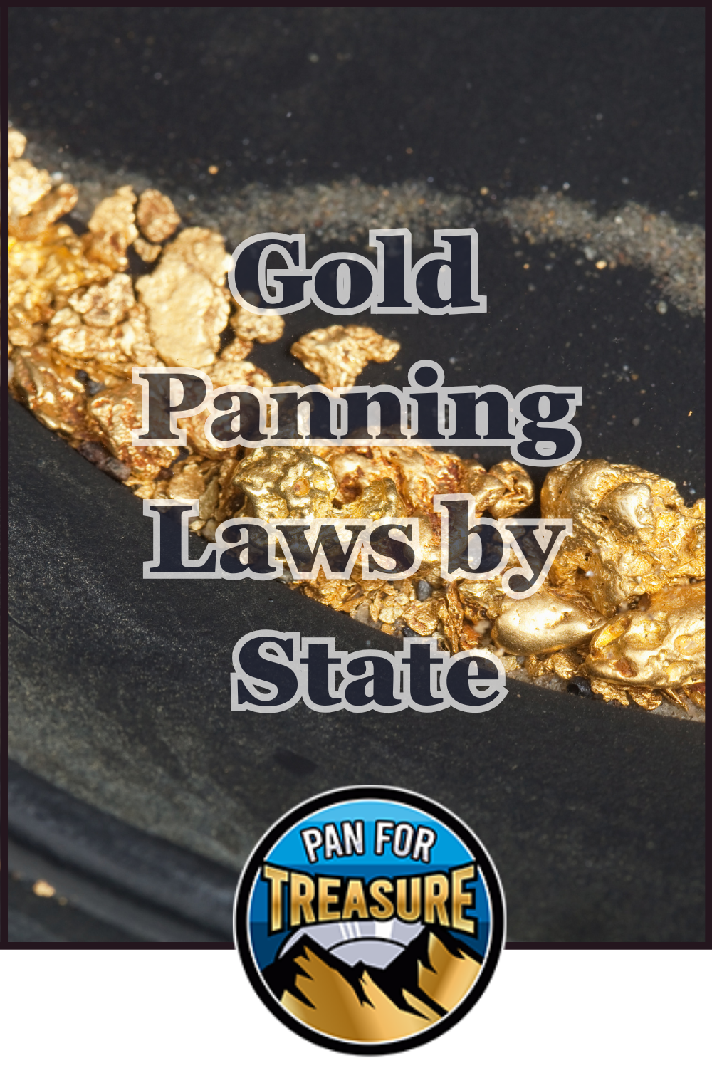 A close-up of gold nuggets in a black pan with the text 