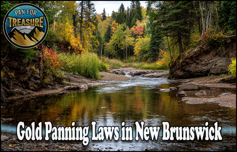 A forested river scene in autumn features the text "Gold Panning Laws in New Brunswick" and a circular "Pan for Treasure" logo in the top left corner, capturing the allure of responsible gold panning amidst nature.