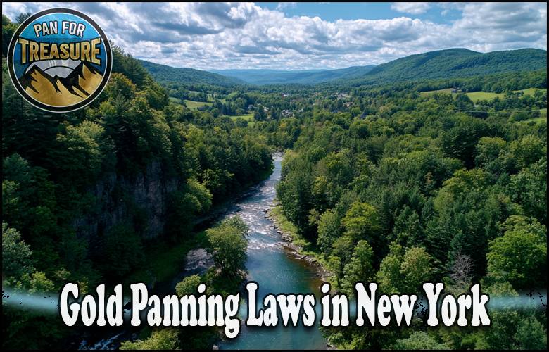 A river winds through a lush, forested valley beneath a partly cloudy sky, with "Gold Panning Laws in New York" and a bold "Pan for Treasure" logo displayed.