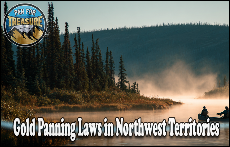 Two people in a canoe paddle on a misty river surrounded by evergreens, with the "Pan for Treasure" logo and the text “Gold Panning Laws in Northwest Territories” highlighting local regulations.
