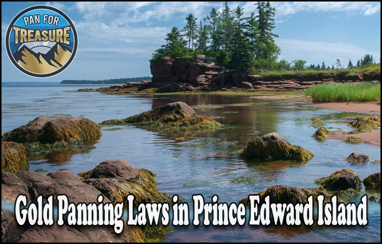 A rocky shoreline with water, trees, and grass sets the scene for the text “Gold Panning Laws in Prince Edward Island” alongside a circular “Pan for Treasure” logo.
