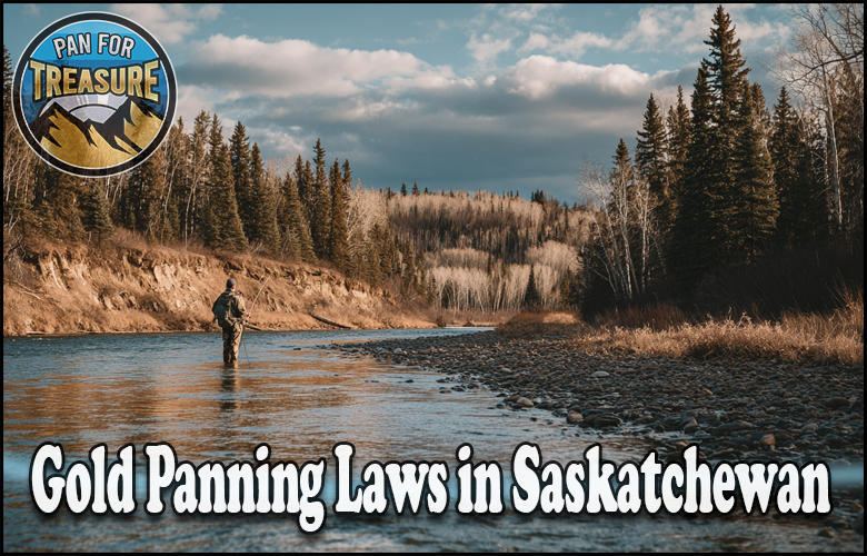A person stands in a shallow river surrounded by trees. Text reads: "Gold Panning Laws in Saskatchewan—what you need to know." A “Pan for Treasure” logo is in the top left corner.