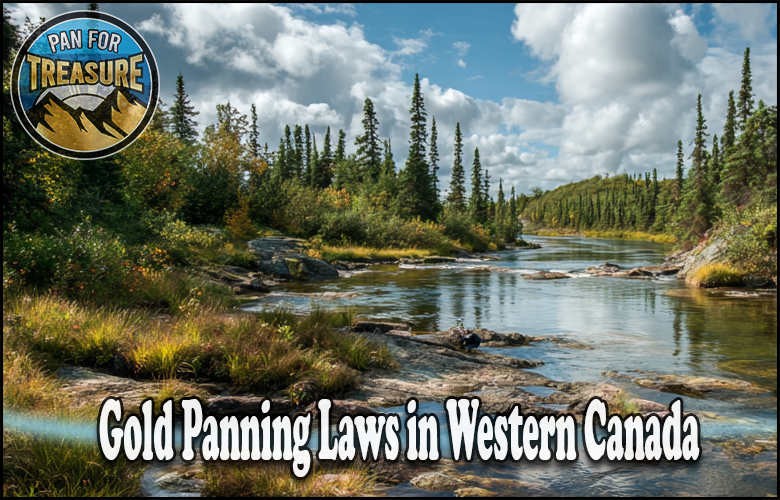 A scenic river with pine trees under a partly cloudy sky, overlaid with the text “Gold Panning Laws in Western Canada,” featuring tips on Yukon gold mining laws and a “Pan for Treasure” logo in the corner.