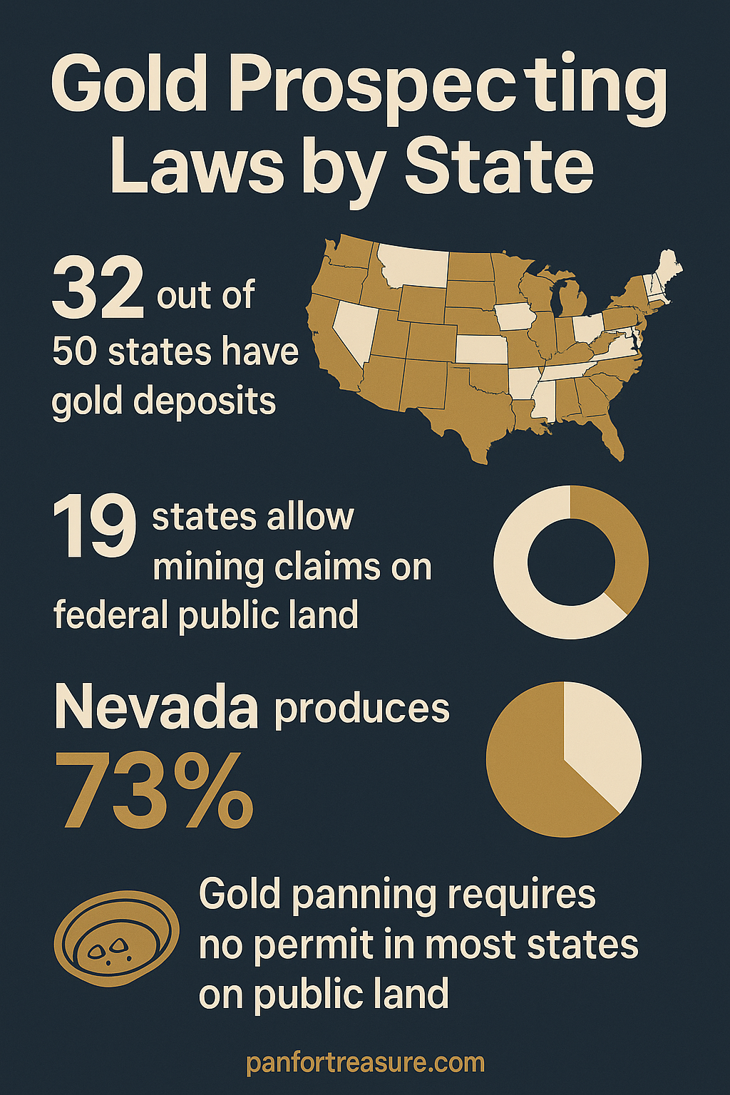 Infographic titled "Gold Panning Laws by State" with a US map, key statistics on gold deposits, mining claims, Nevada’s gold output, and state-specific gold panning permit requirements.