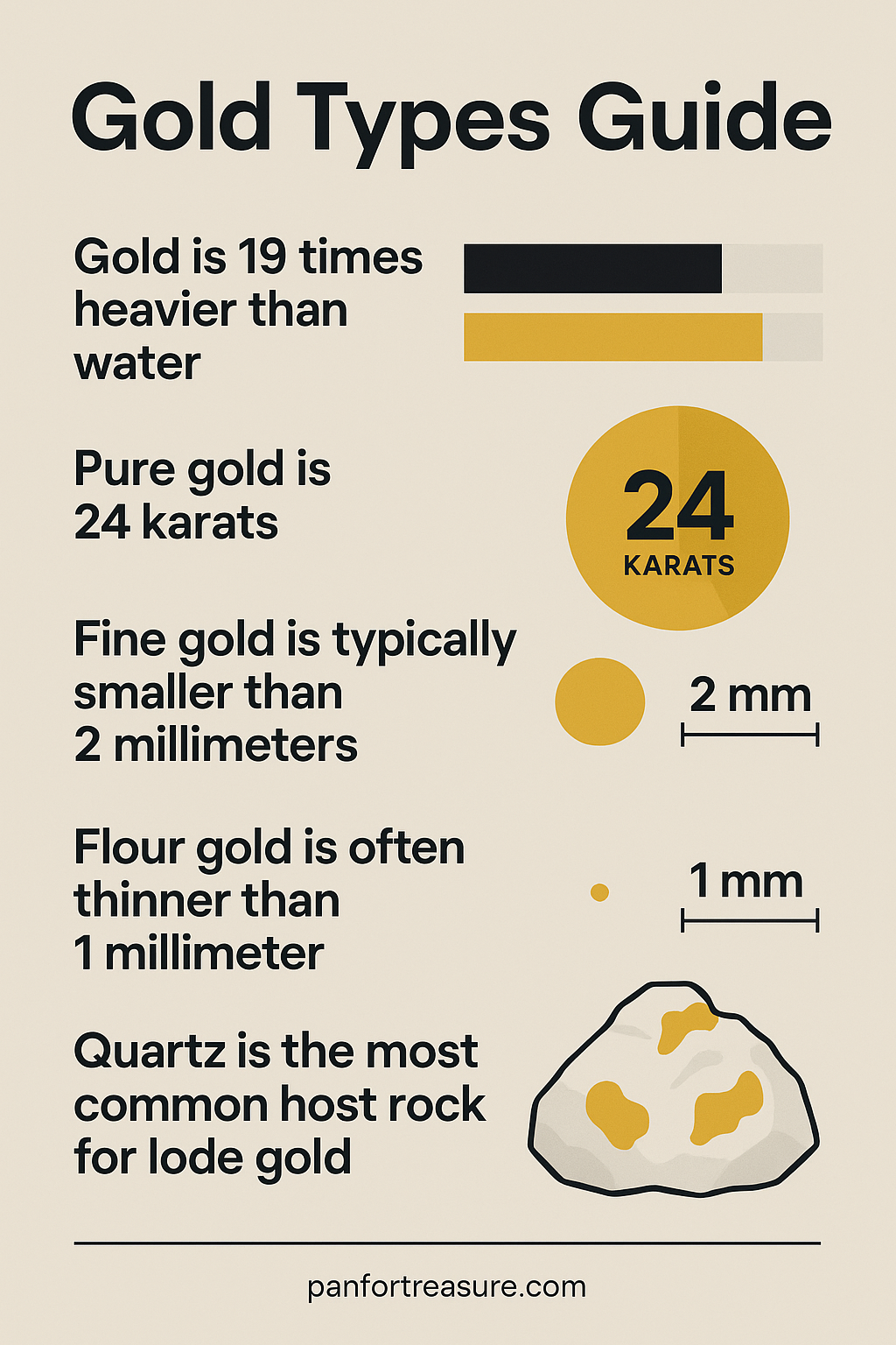 Gold Types Guide: Infographic detailing types of gold, their sizes, weights, purity (24 karats for pure gold), and noting quartz as a common host rock for lode gold.
