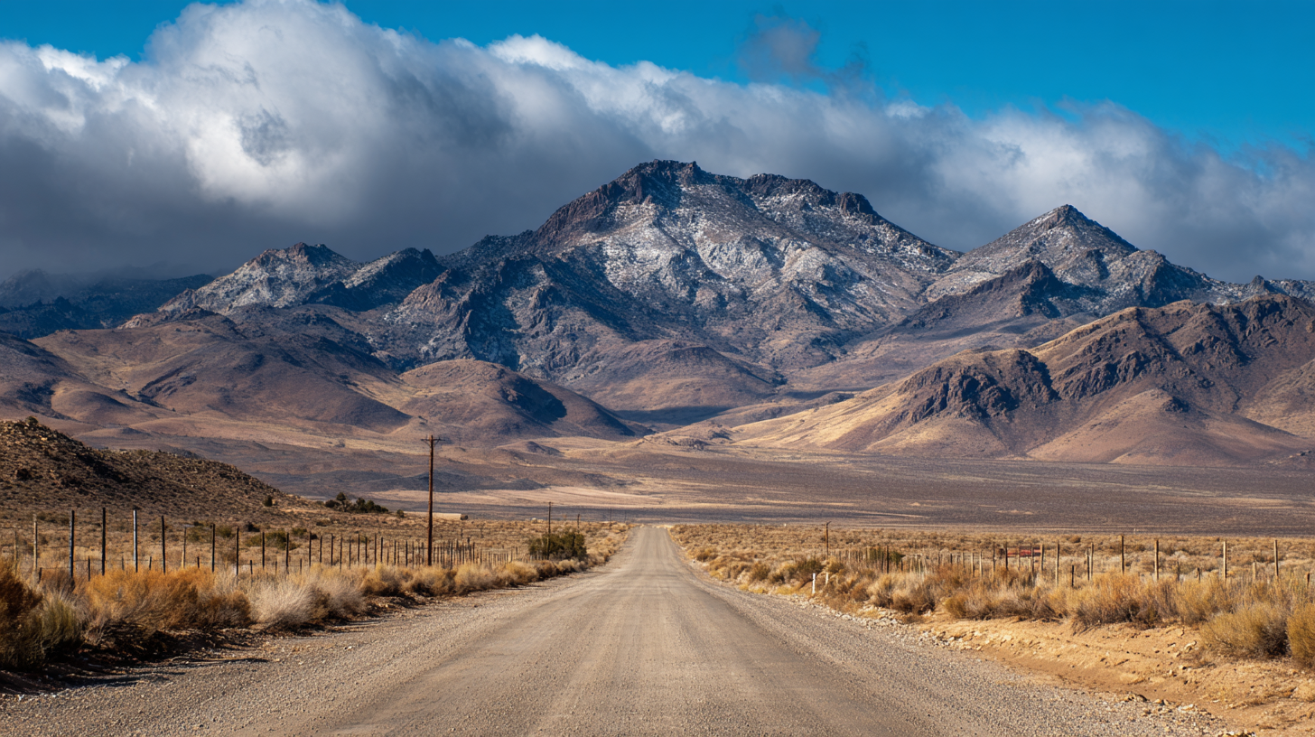 A dirt road runs through a dry, open plain towards rugged, snow-dusted mountains under a partly cloudy sky-hinting at the wild landscapes where many have wondered: is there gold in Nevada?.