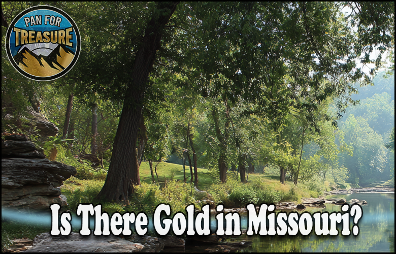 A wooded riverbank scene features the "Pan for Treasure" logo with the question "Is there gold in Missouri?" prominently displayed at the bottom.