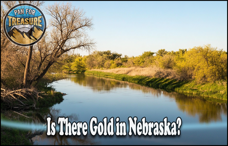 A peaceful river winds through trees and grass under a clear sky, with the text "Is there gold in Nebraska?" displayed boldly and a "Pan for Treasure" logo featured in the corner.