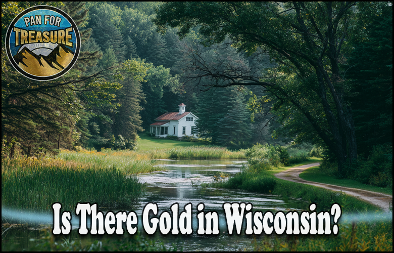 A rural landscape with a white house by a pond, surrounded by trees, asks "Is there gold in Wisconsin?" in bold text, with a "Pan For Treasure" logo featured in the corner.