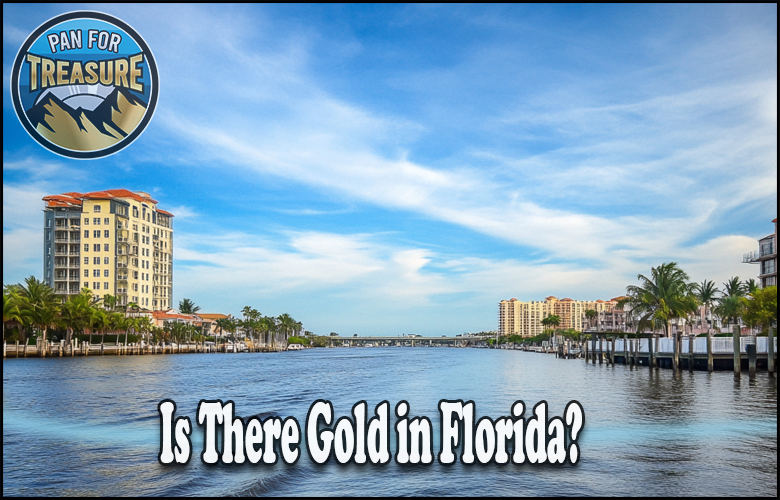 A canal lined with palm trees and buildings under a blue sky; text asks, “Is there gold in Florida?” with a treasure-themed “Pan for Treasure” logo featured in the top left corner.