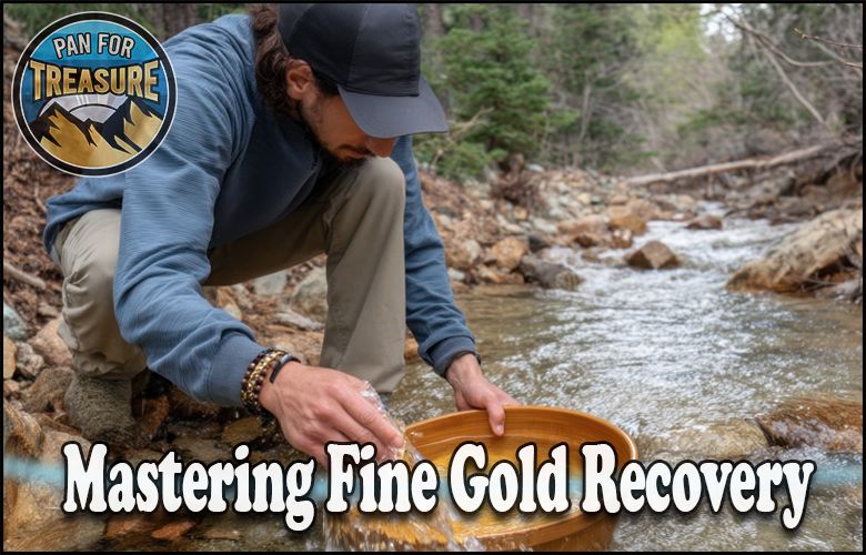 A person kneels by a creek, carefully panning for gold with a wooden pan. Text reads: "Mastering Fine Gold Recovery," highlighting the skill involved in extracting even the tiniest flakes. A "Pan for Treasure" logo is in the top left corner.
