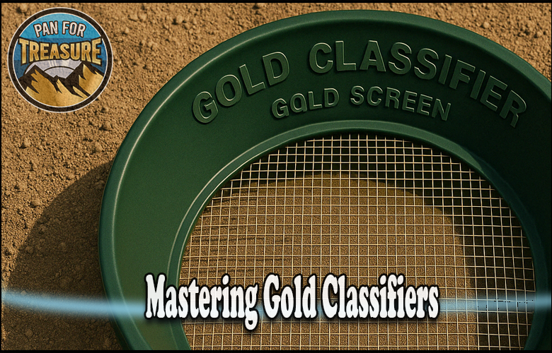 A green gold classifier screen rests on sandy ground with the text “Mastering Gold Classifiers” and a “Pan For Treasure” logo in the corner, highlighting essential tools for prospectors seeking to refine their gold panning skills.