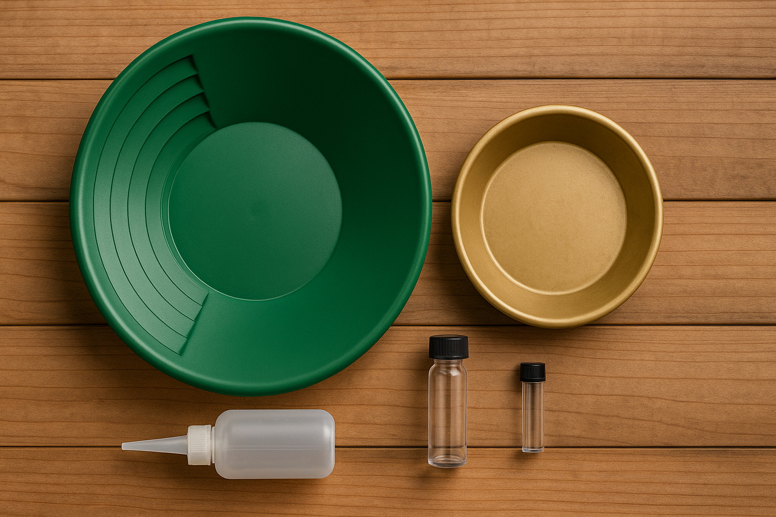 Recommended Gold Panning Kits include a green pan, a gold pan, a plastic squeeze bottle, and two small sample vials, all arranged on a wooden surface.