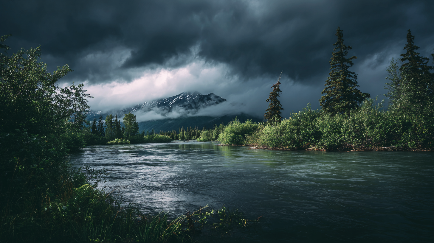 A river flows through a forested landscape with tall pine trees, under a cloudy sky and a partially snow-capped mountain—an ideal setting to consider seasonal tips for beginner prospectors adapting to weather changes in nature.