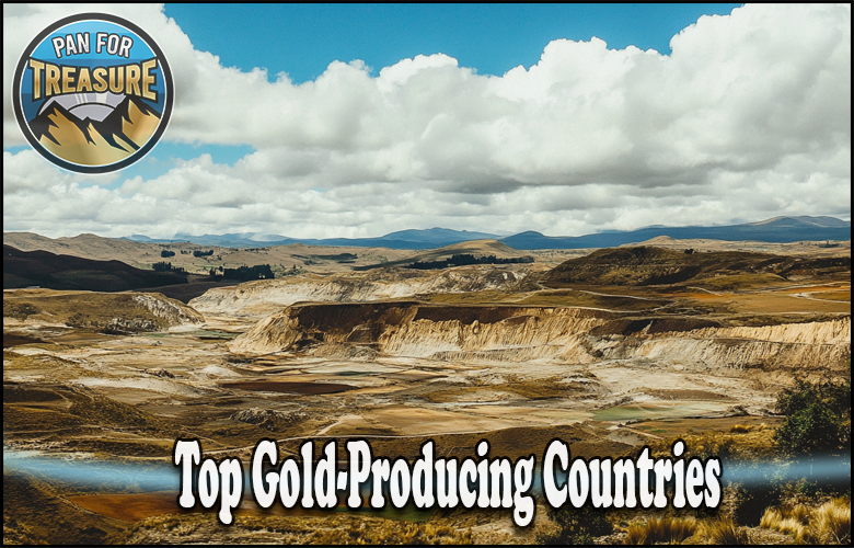 A wide view of rolling hills beneath a cloudy sky, featuring the text “Top Gold-Producing Countries” and the “Pan for Treasure” logo in the corner, highlights regions known for their rich gold resources.