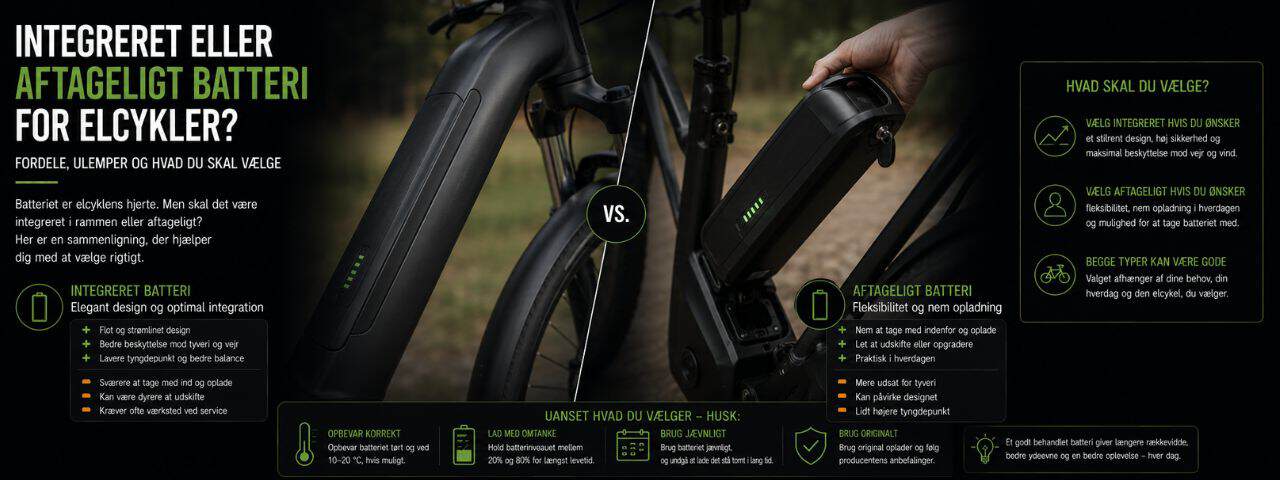 Integreret eller aftageligt batteri for elcykler