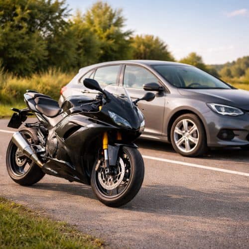 en bil og en motorcykel på en vej