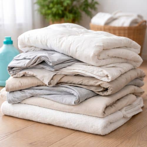 en bunke sengetøj som er klar til at blive vasket