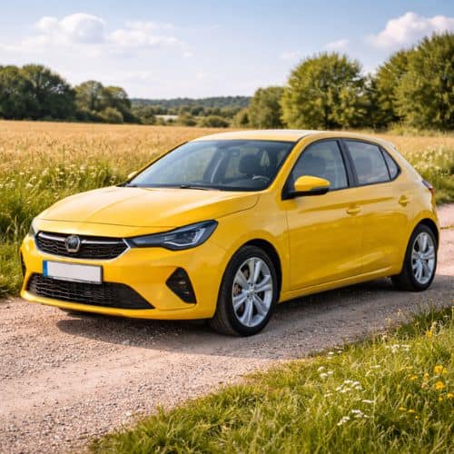 en gul bil som holder på en grusvej i solvejr