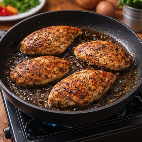 en stegepande med non-stick belægning der laves kylling i