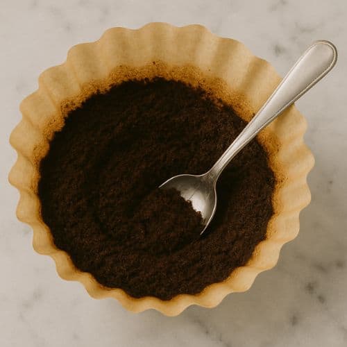 et kaffefilter fyldt med kaffegrums