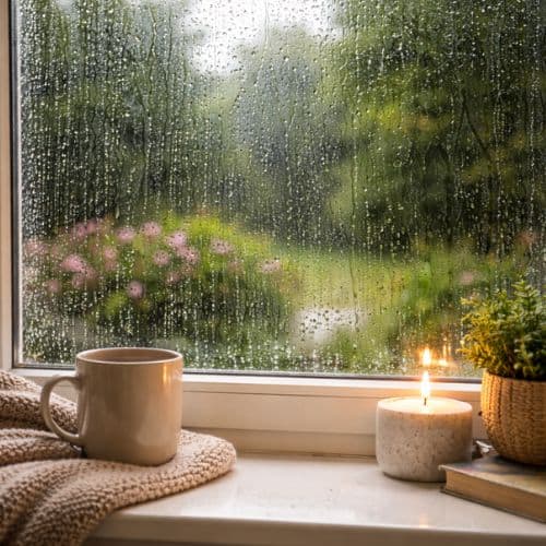 et vindue set indefra hvor det regner udenfor