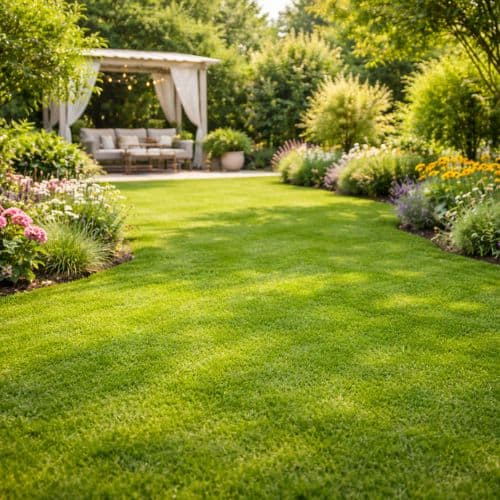 flot græsplæne med gødet græs og flotte blomster