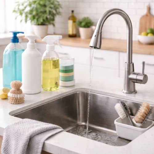 køkkenvask med diverse rengøringsmidler ved siden af