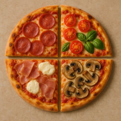 pizza med forskellige toppings på