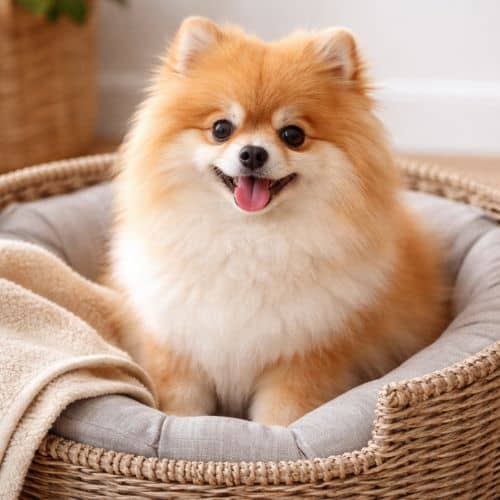 pomeranian hund som sidder i en hundekurv
