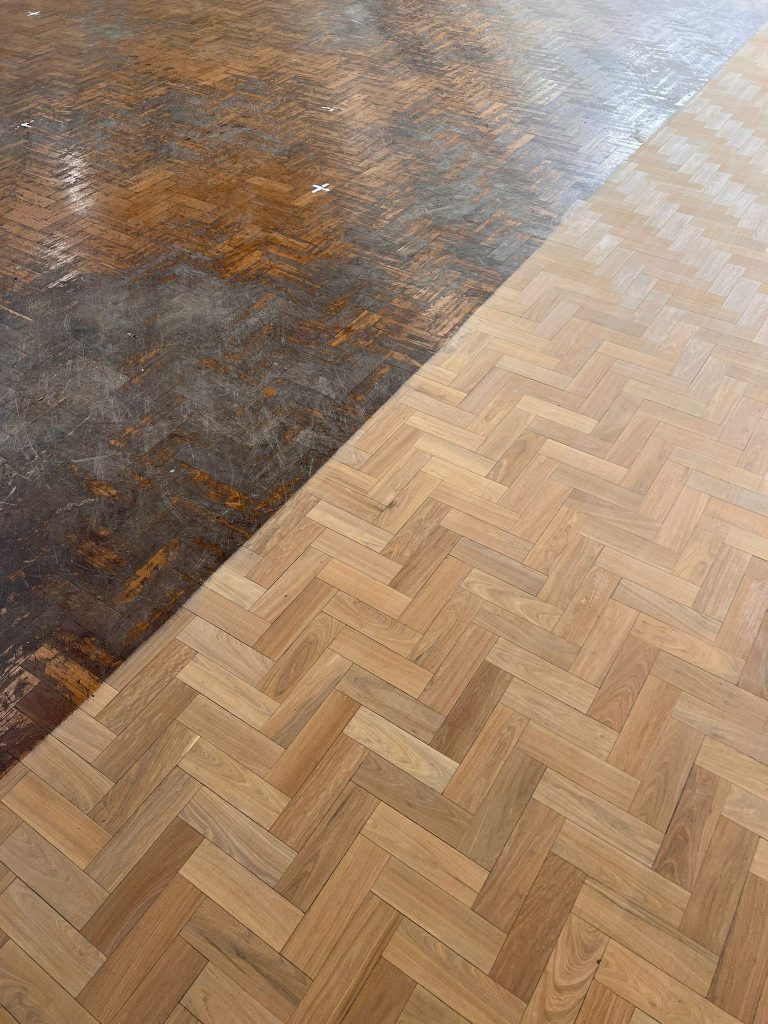 Wood Flooring in Sussex | before and after sanding on a parquet floor