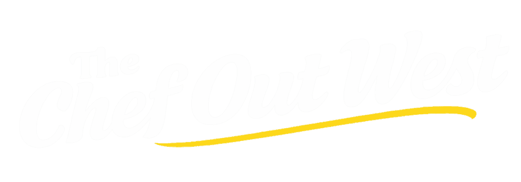 white letters with yellow underline, illustrating the chef out west logo