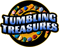 The Tumbling Treasures logo features bold blue text with gemstones of various colors encircling it on a black circular background.