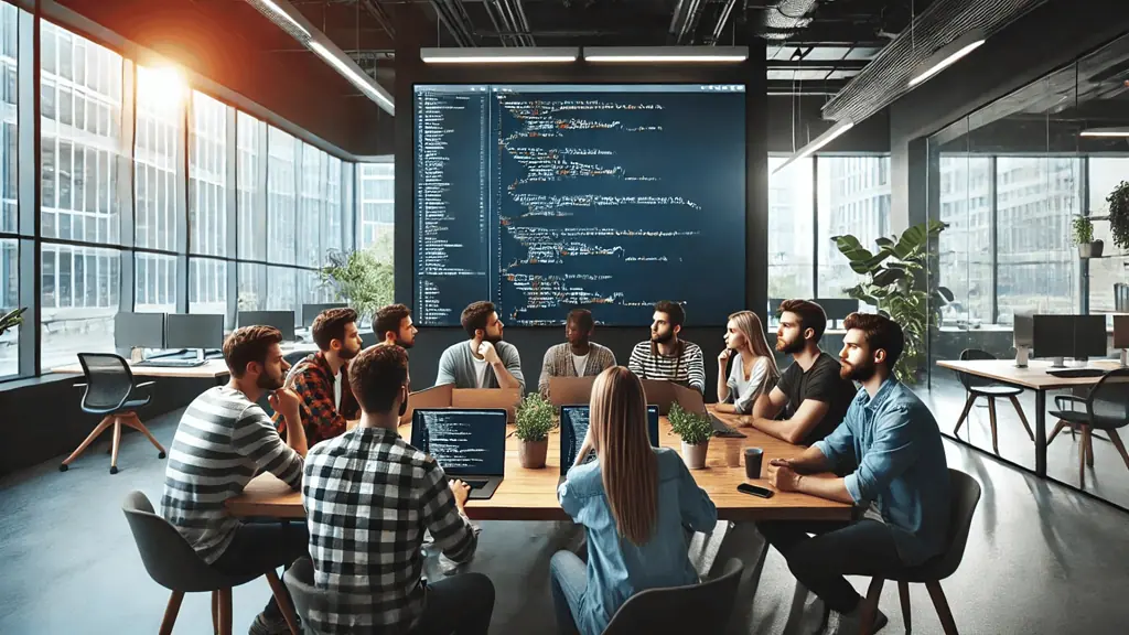 image  team of developers working collaboratively with a shared screen displaying code