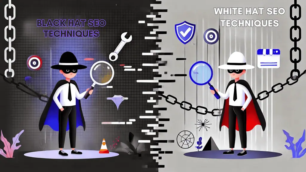 image visual representation of white hat vs. black hat SEO techniques would be appropriate here, clearly differentiating between ethical and unethical practices