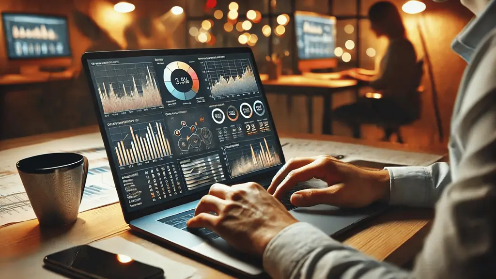 visual representation of a digital marketing analytics dashboard showing real-time data on metrics like traffic and conversions.