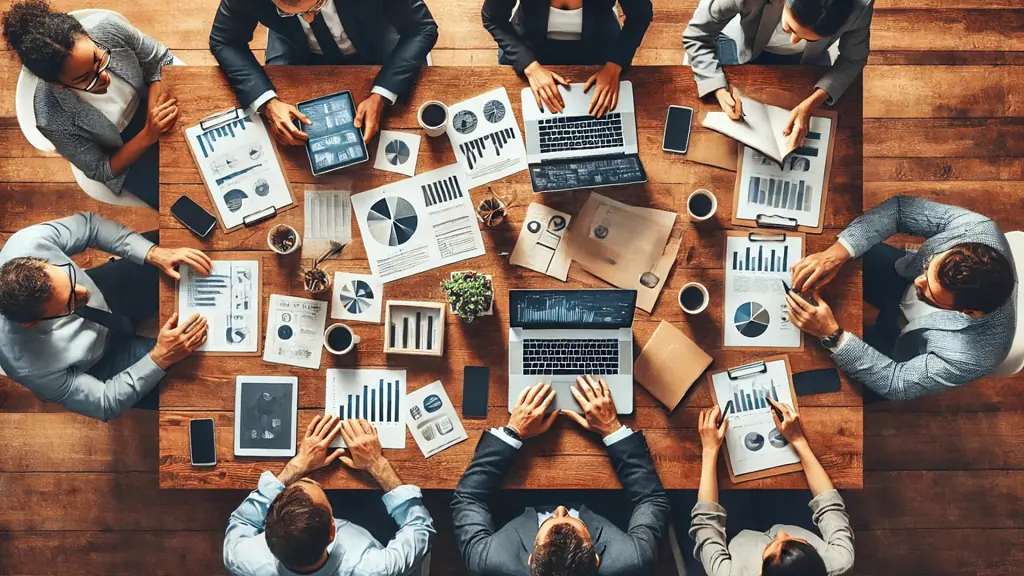Image of a business team reviewing analytics charts or dashboards during a strategy meeting, discussing digital campaigns that drive sales.