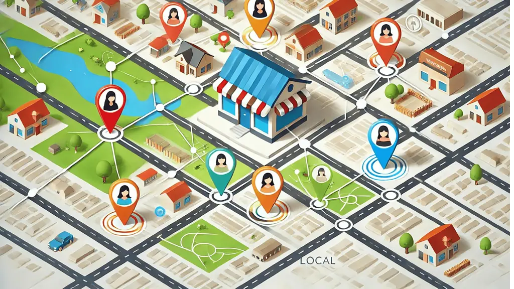 image graphic showing a small business at the center of a local map, with customer icons around it, indicating local reach,