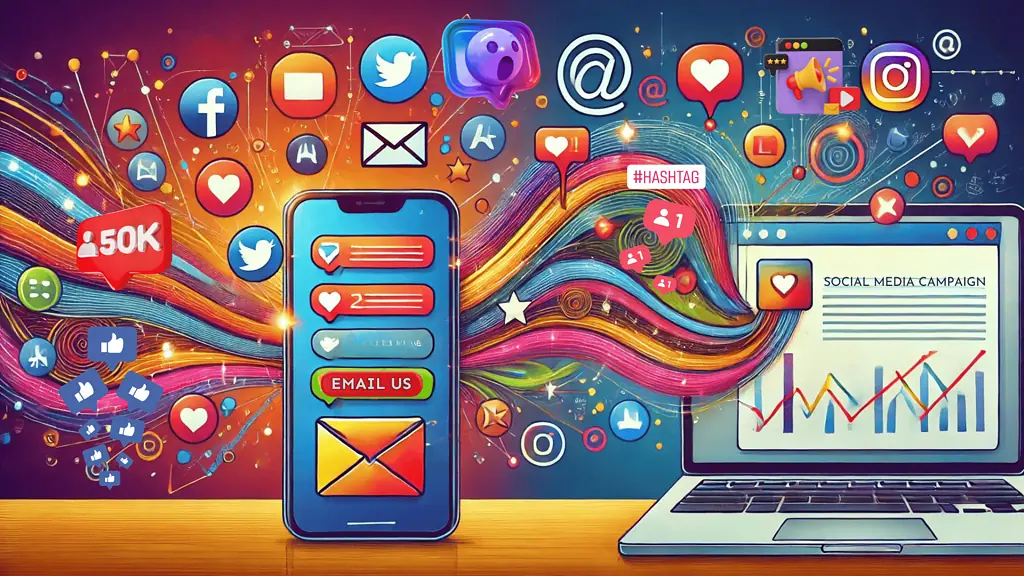 visual of a social media campaign being cross-promoted through email marketing, with a cohesive message across both platforms.