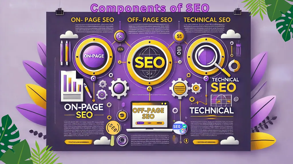 image diagram illustrating the key components of SEO, including on-page, off-page, and technical SEO.