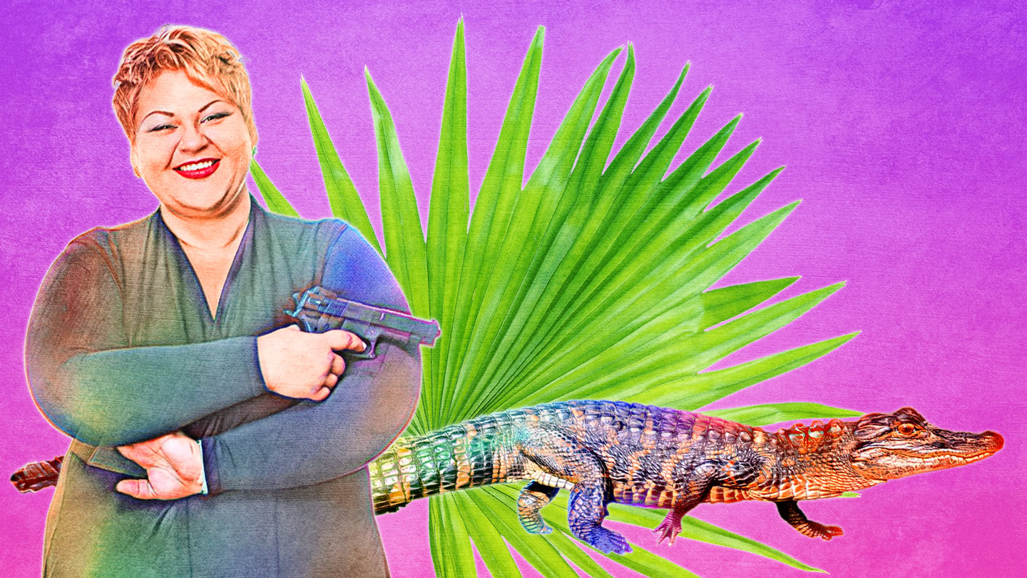 Cousin Marie smiling while holding a handgun, with a stylized alligator against a purple background.