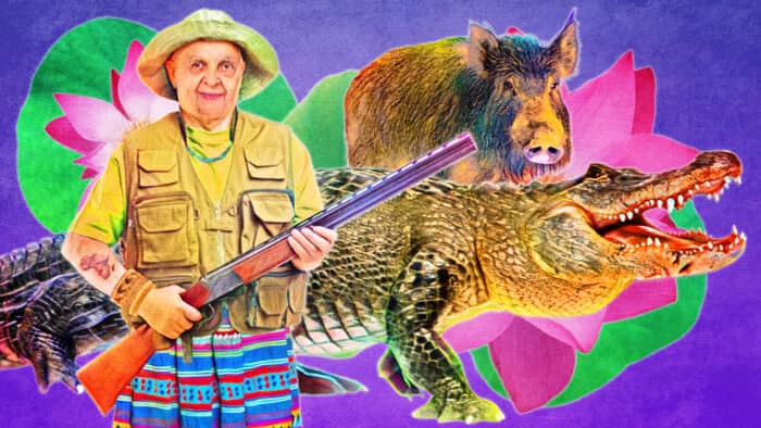 Grandma Dean in hunting gear with a shotgun, a wild hog, and an alligator against a psychedelic backdrop.