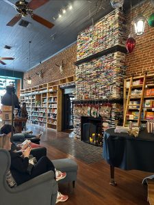 The Painted Porch Book Shop in Bastrop, Texas, above. A fireplace made of books!