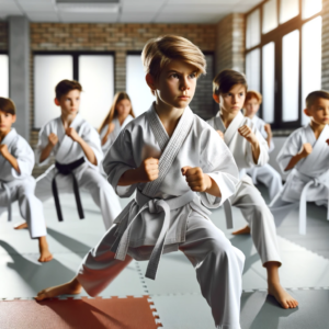 Kinder beim Karate-Training in einer Sporthalle.