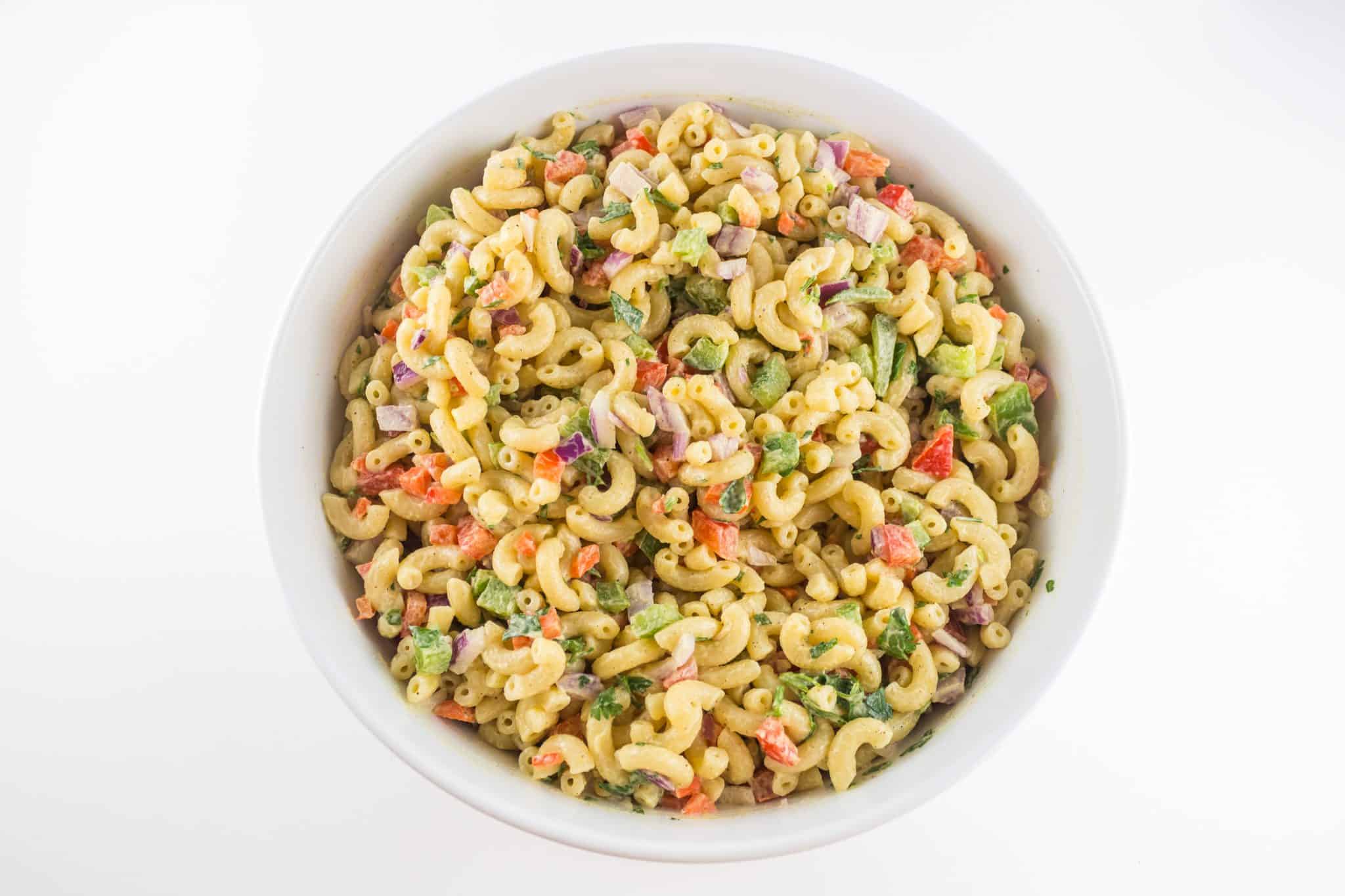 Large bowl of macaroni salad.