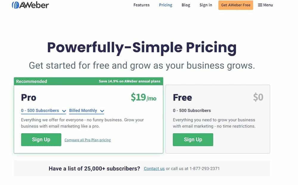 Aweber pricing plans