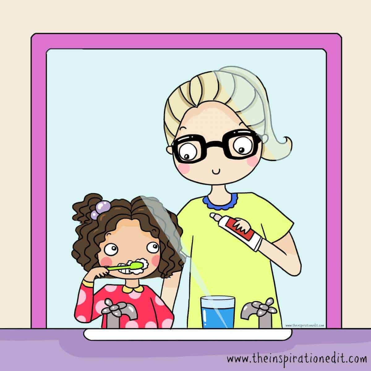 mother and child learning to brush teeth.