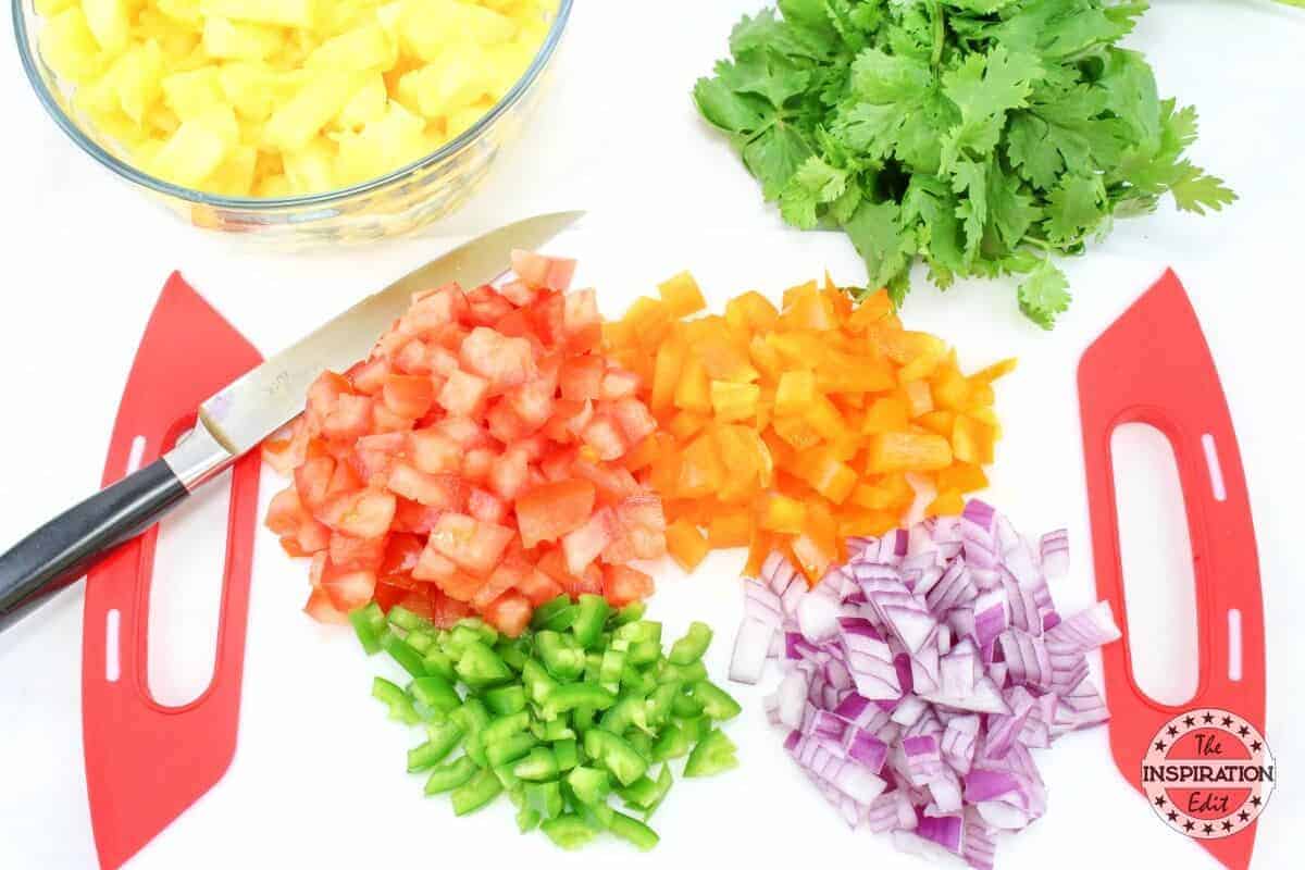 Chopped vegetables and pineapple.